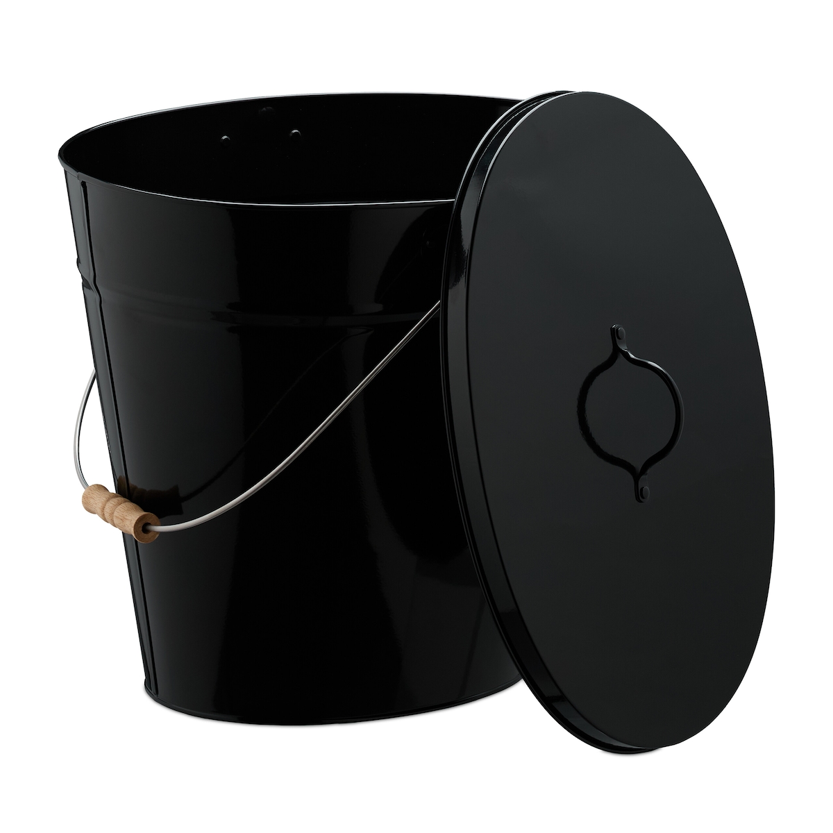Relaxdays Ascheeimer mit Deckel, 18,5 Liter, Henkel mit Holzgriff, für Kohle & Asche, Kamin, Stahl Aschetonne, schwarz Image