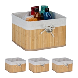 Relaxdays Aufbewahrungskorb 4er Set, Bambus, Stoffeinsatz, HBT: 20x31x31 cm, Körbchen Griffloch, Regalkorb, natur/weiß Image