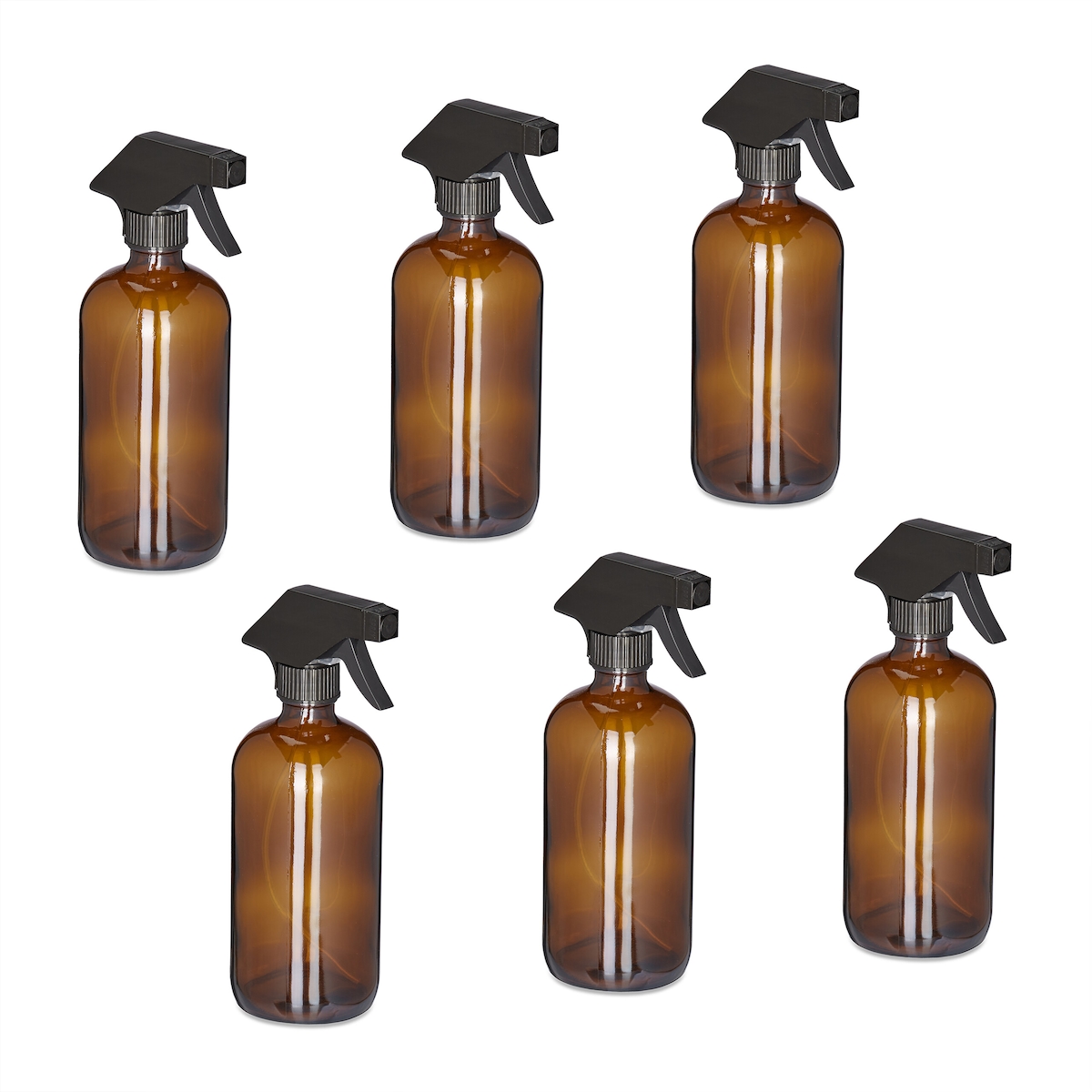 Relaxdays Sprühflasche Glas, 6er Set, 500 ml, Nebel & Strahl, Spritzflasche für Haarpflege, Reinigung & Pflanzen, braun Image