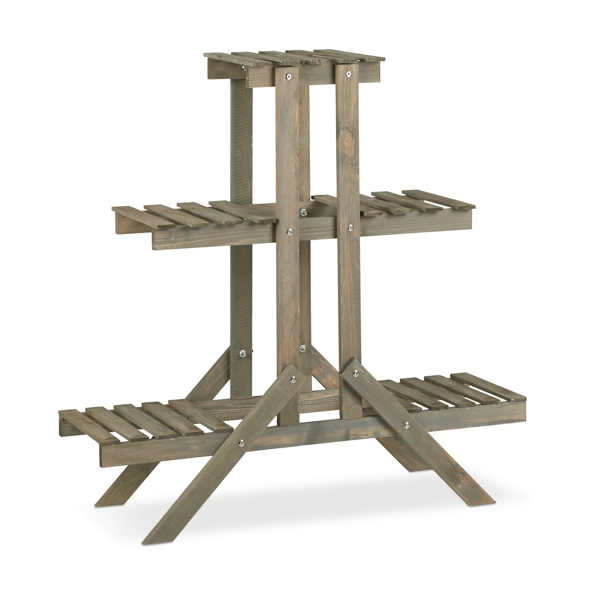 Relaxdays Blumentreppe aus Holz, 3 Stufen mit 5 Ablagen, Shabby Chic, innen, HBT: 83 x 83 x 28 cm, Blumenregal, grau Image