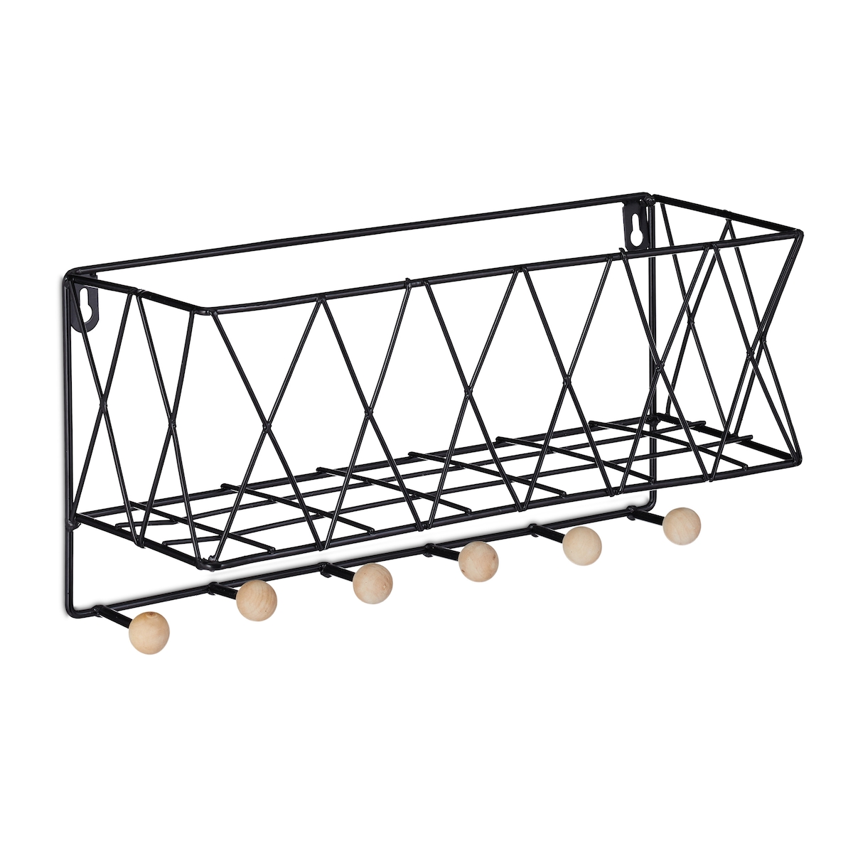Relaxdays Wandregal mit Hakenleiste, Metall & Holz, Gitter-Design, Wandgarderobe 6 Haken, HBT: 17 x 36 x 13 cm, schwarz Image