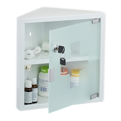 Relaxdays Medizinschrank, 2 Fächer, HxBxT: 30 x 30 x 17,5 cm, abschließbar, Stahl, Glastür, Eck Apothekenschrank, weiß Image