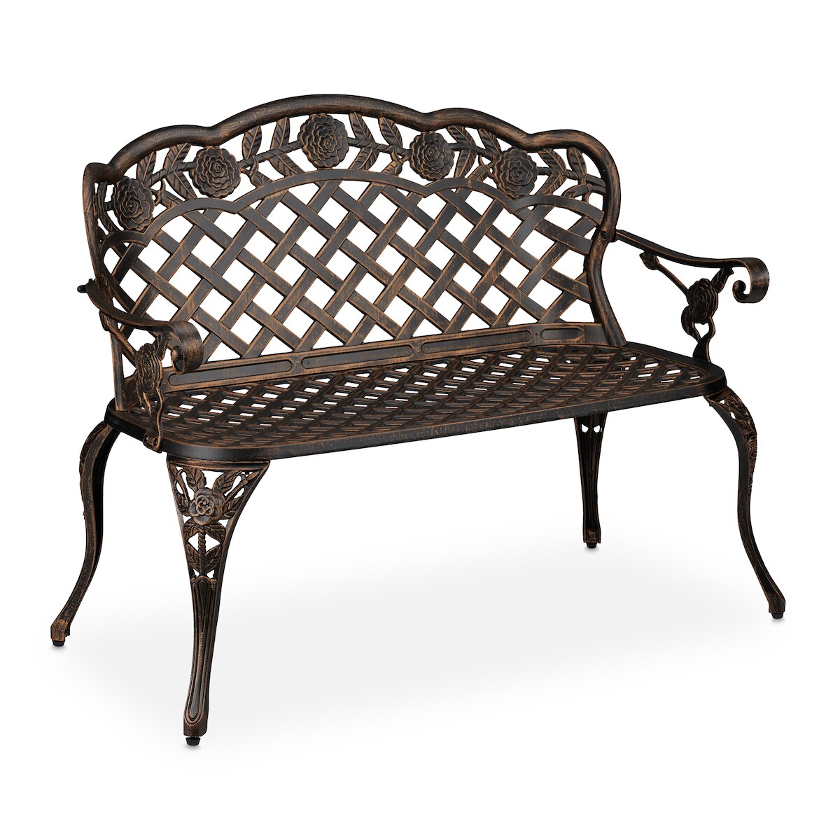 Relaxdays Gartenbank, 2 Sitzer, Rosen, Terrasse, Balkon, Aluminium Guss, antike Sitzbank, 84x111,5x56 cm, schwarz/bronze Image