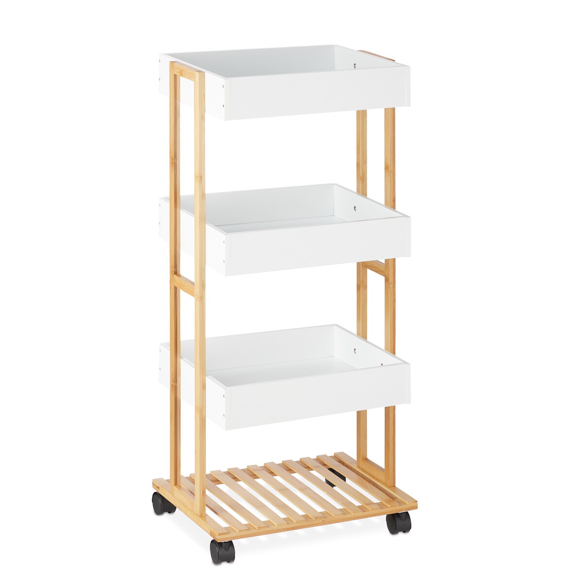 Relaxdays Servierwagen, Bambus & MDF, Küchenwagen mit 4 Etagen, Rollwagen, Küche & Bad, HBT: 88 x 40 x 30 cm, natur/weiß Image