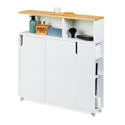 Relaxdays Nischenschrank, 6 Fächer, WC-Bürstenhalter, HBT: 79 x 17 x 75 cm, Bad, MDF, Bambus, Rollwagen, weiß/natur Image