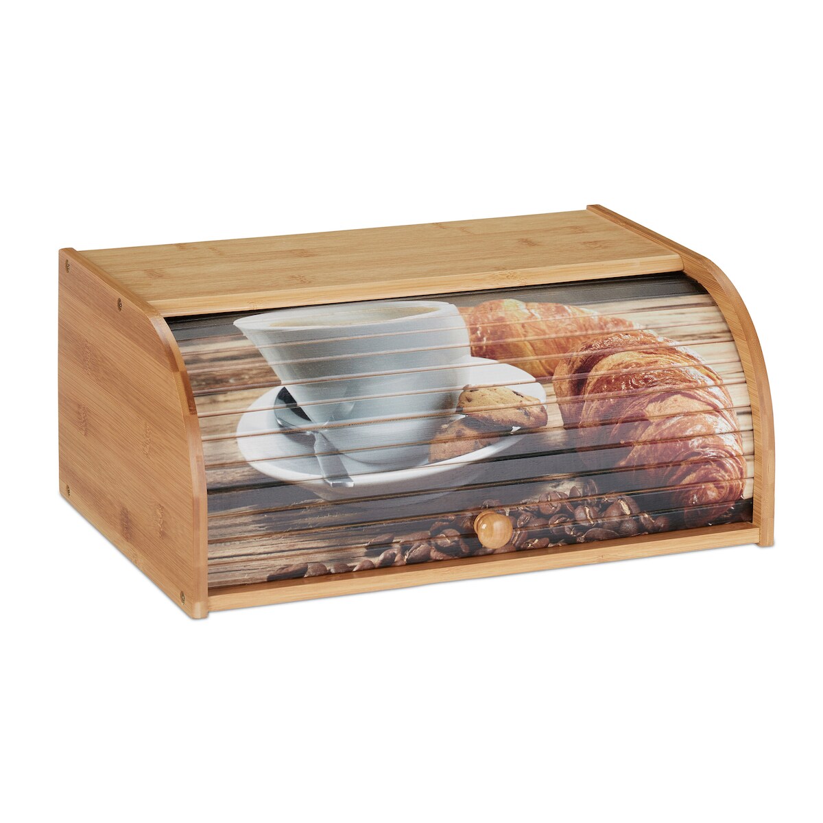 Relaxdays Brotkasten Bambus, Rolldeckel mit Motiv, aromadichte Brotaufbewahrung, mit Ablagefläche, HBT 17x40x27cm, natur Image