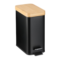 Relaxdays Mülleimer Bad, 5 Liter, entnehmbarer Inneneimer, Kosmetikeimer, Metall, Badmülleimer mit Bambusdeckel, schwarz Image