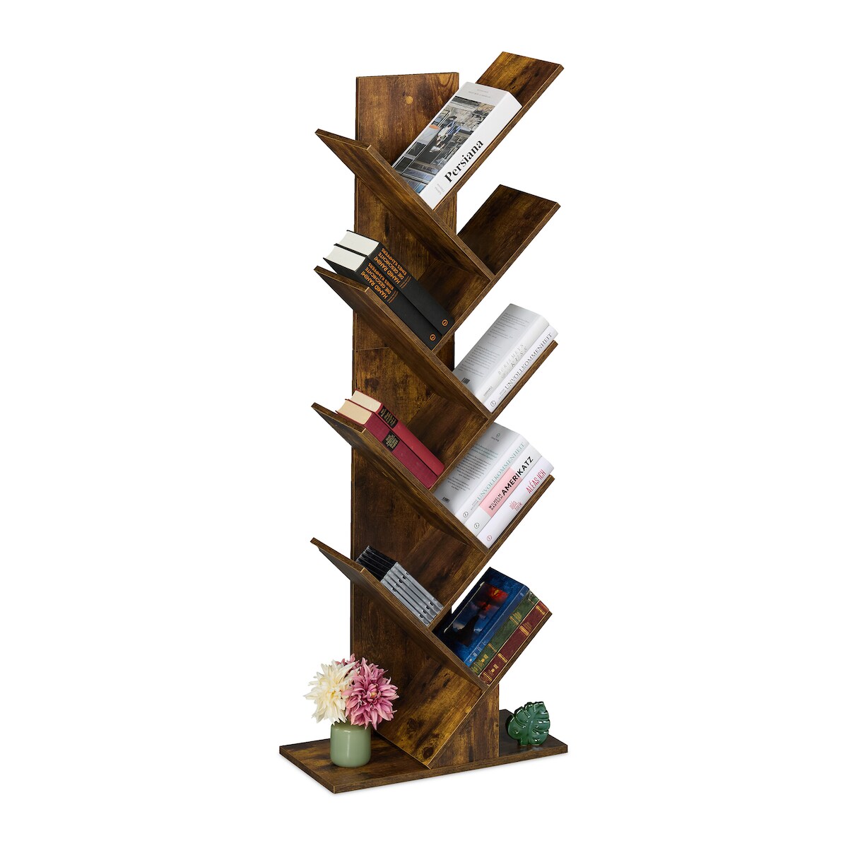 Relaxdays Bücherregal, 9 Ebenen, HBT: 138 x 51 x 25 cm, Baum-Design, Bücher, CDs, Dekoregal, Wohnzimmerregal, braun Image
