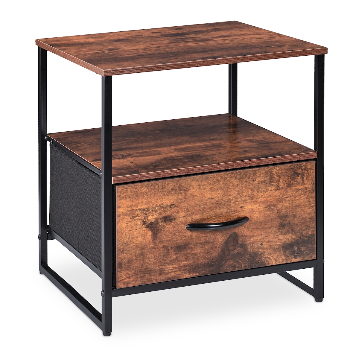 Relaxdays Nachttisch Industrial, 2 Ablagen, Beistelltisch mit Schublade, Metall & MDF, HBT: 50x45x40cm, schwarz/braun Image