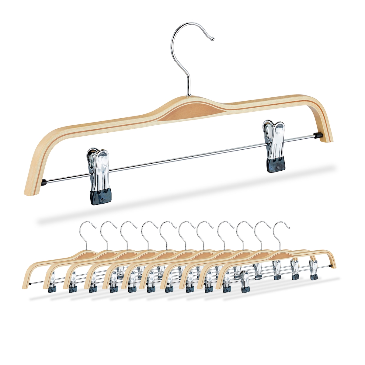 Relaxdays Kleiderbügel Hosen & Röcke, 12er Set, 2 bewegliche Klammern, B: 37,5 cm, Holz, drehbarer Haken, natur/silber Image