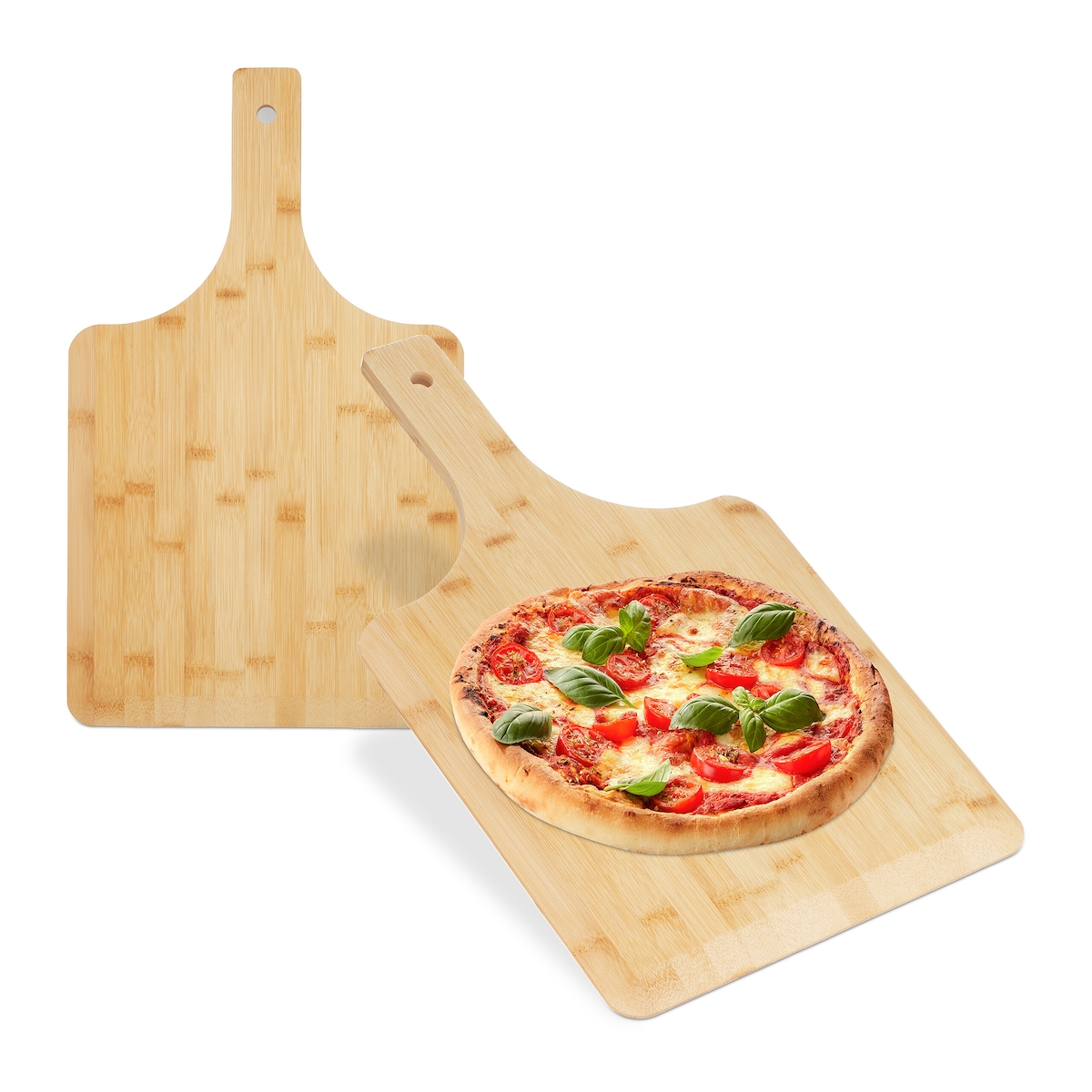 Relaxdays Pizzaschieber Bambus, 2er Set, 50x30 cm, eckig, Pizzaschaufel, abgerundete Kanten, Griff, Brotschieber, natur Image