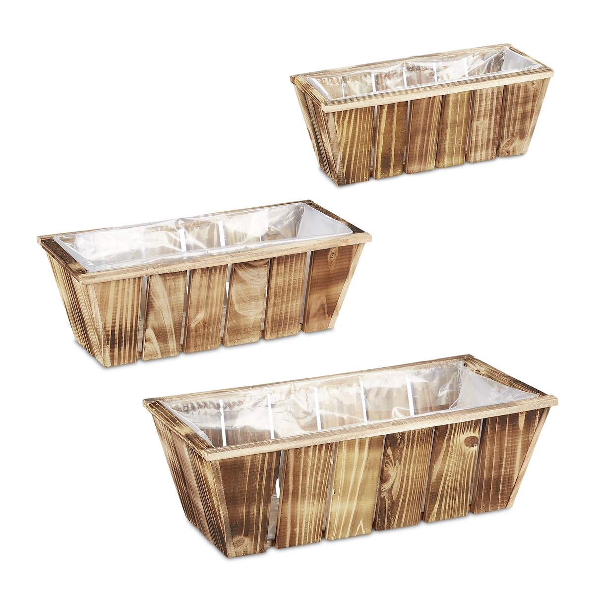Relaxdays Blumenkasten 3er Set, Pflanzkästen in 3 Größen, geflammtes Holz, Pflanzgefäße mit Folie, innen & außen, braun Image