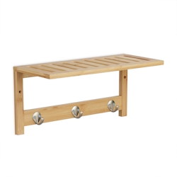 Relaxdays Wandregal mit Hakenleiste, Bambus, HBT: 18 x 37,5 x 16 cm, Handtuchhalter Bad, Garderobe Flur, 3 Haken, natur Image