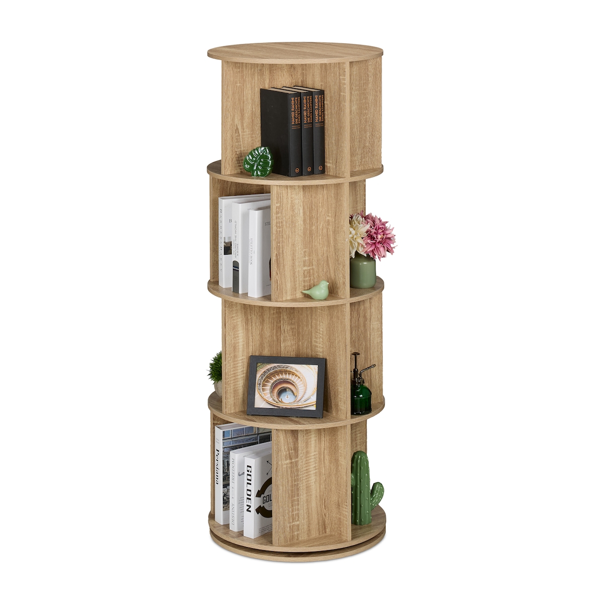 Relaxdays Bücherregal drehbar, 20 Fächer, H x D: 137 x 50 cm, Holzoptik, Drehregal für Bücher & DVDs, Bücherturm, natur Image