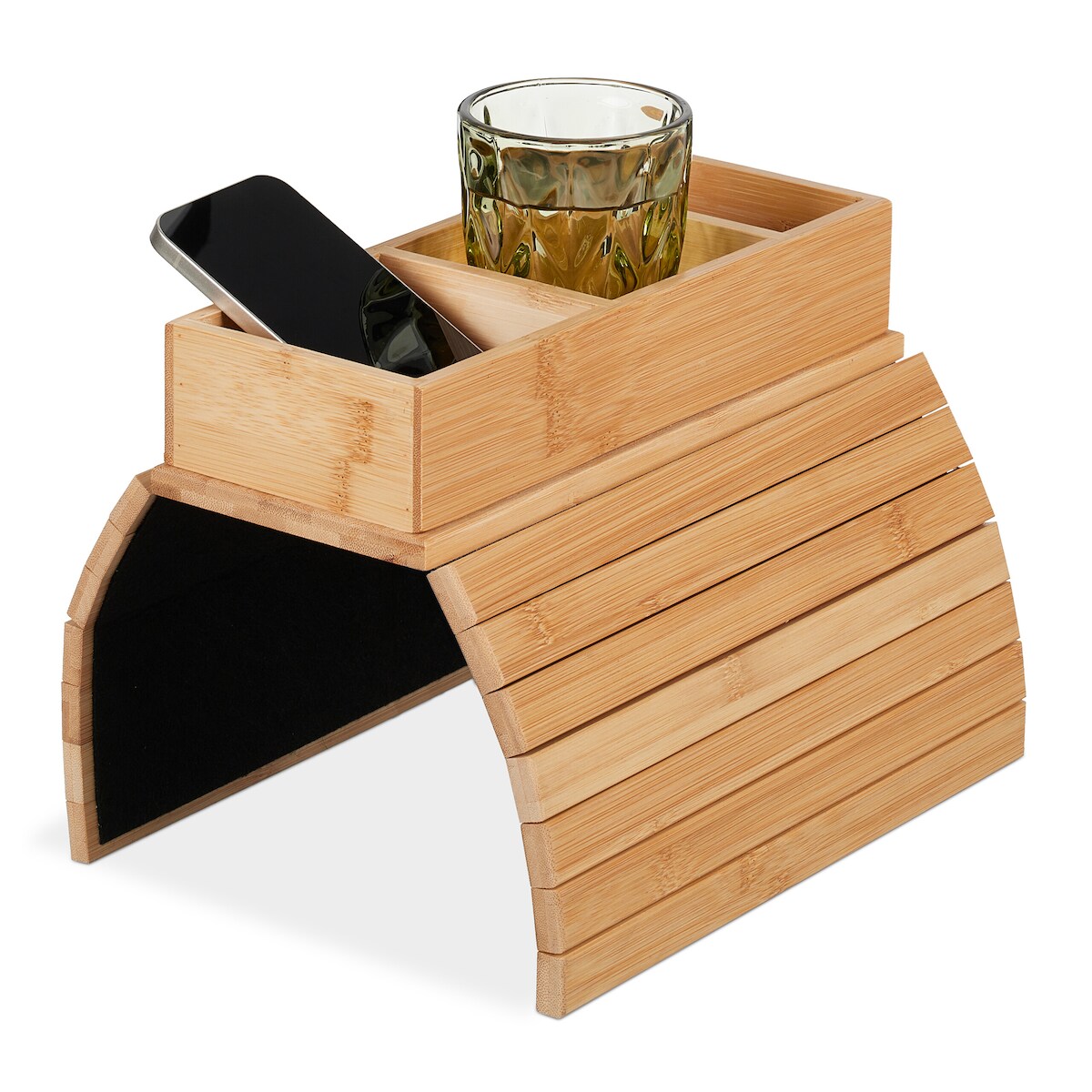 Relaxdays Sofatablett Armlehne, Bambus, Armlehnentisch Couch, HBT: 6,5 x 42 x 28 cm, Sofaablage mit 3 Fächern, natur Image