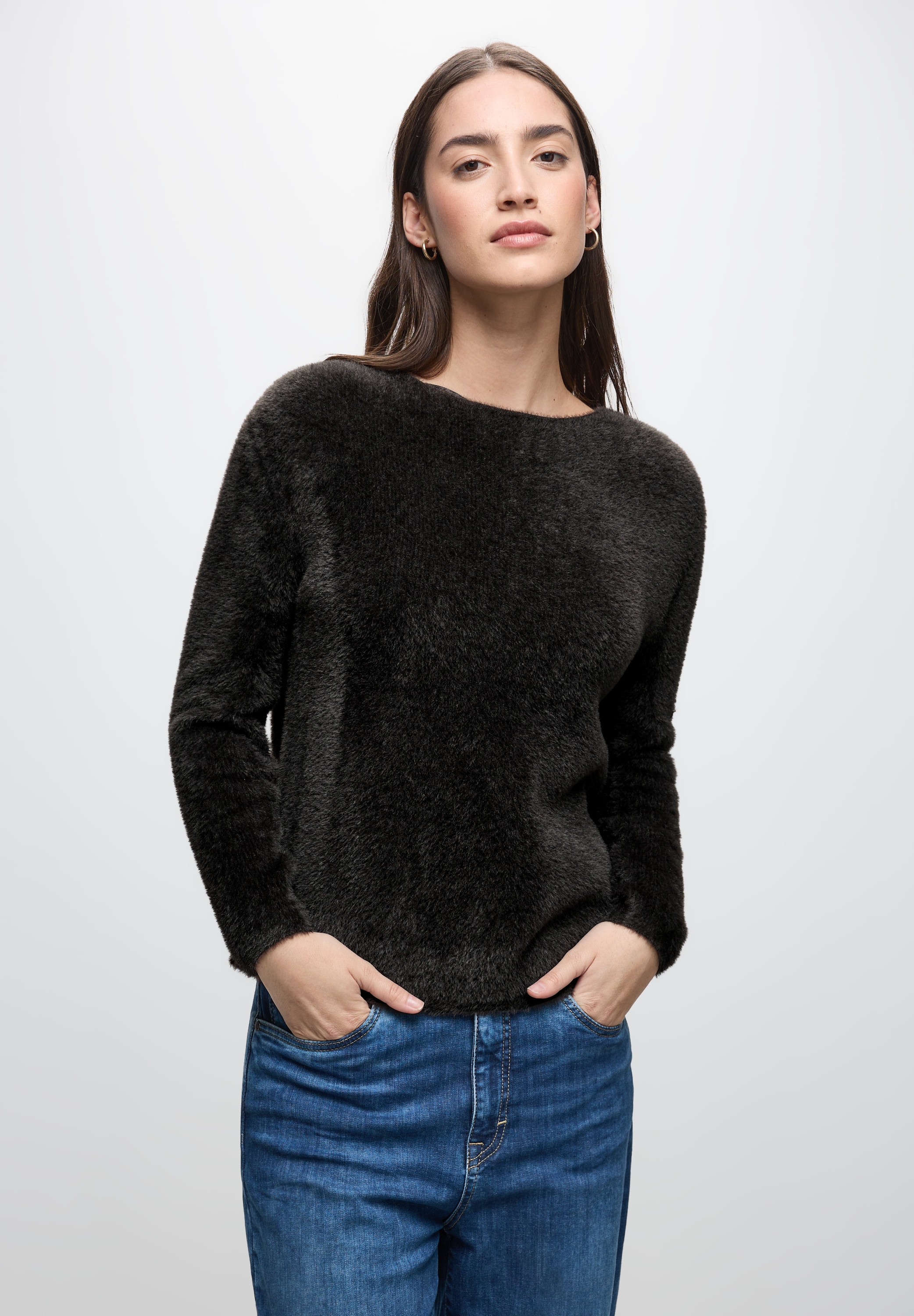 Strickpullover STREET ONE, Damen, Gr. 38, schwarzest braun, Stoff, 78% Polyamid, 12% Polyacryl, 10% Baumwolle, unifarben, normal normal, U-Boot-Ausschnitt, abgesteppt, Pullover Strickpullover, Grobstrick