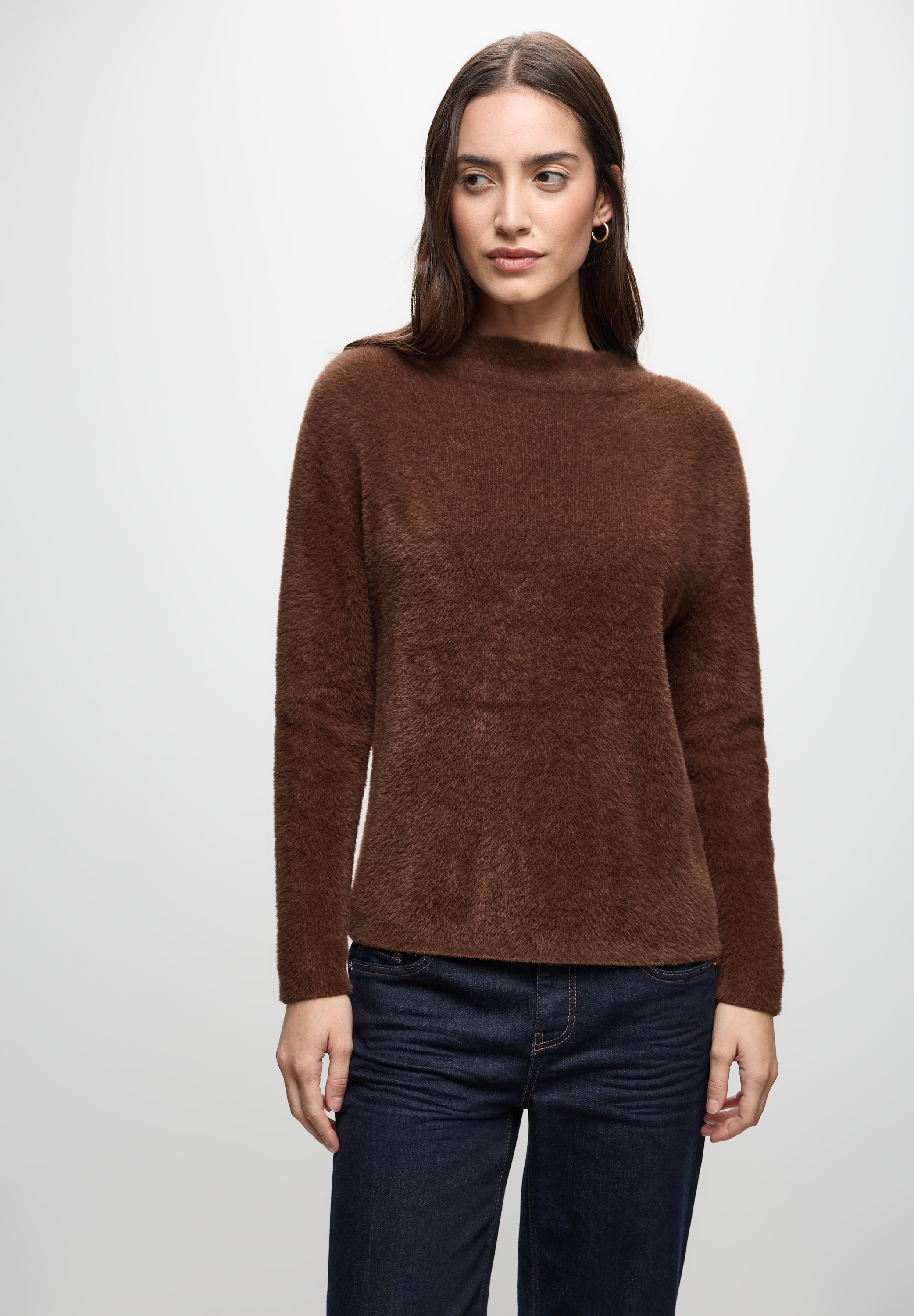 Strickpullover STREET ONE, Damen, Gr. 38, hazelnut braun, Stoff, 78% Polyamid, 12% Polyacryl, 10% Baumwolle, unifarben, normal normal, U-Boot-Ausschnitt, abgesteppt, Pullover Strickpullover, Grobstrick