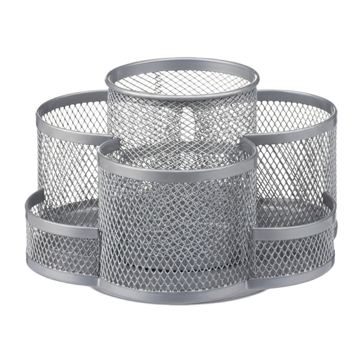 Relaxdays Stiftehalter, Metallgeflecht, 7 Fächer, drehbar, rund, kompakt, für Büro, Stiftebox f. Pinsel, Schere, silber Image