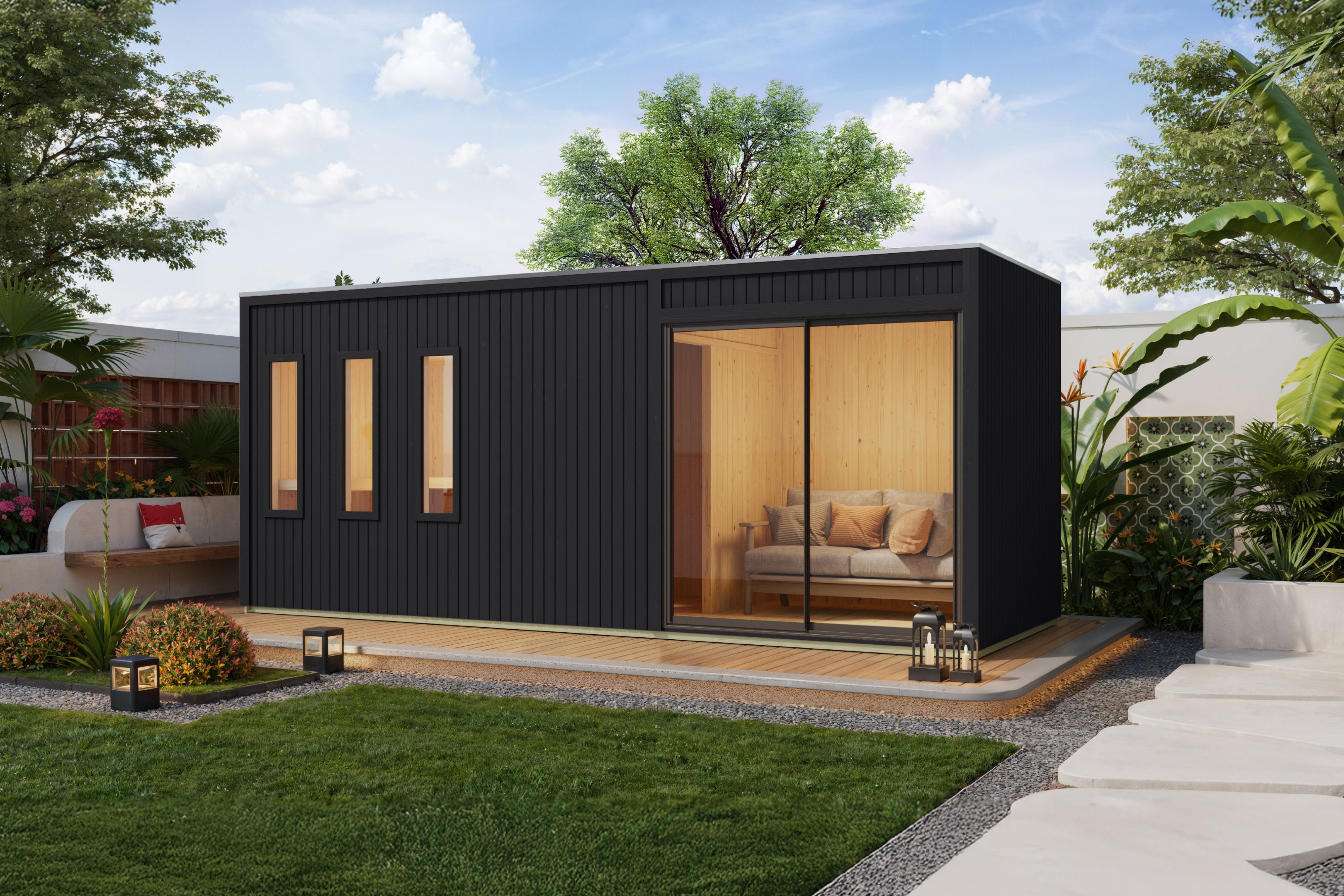 Saunahaus KARIBU "Montana" schwarz", schwarz, Bio-Kombiofen, externe Steuerung, 400 kW, Saunen, aus hochwertiger nordischer Fichte Image