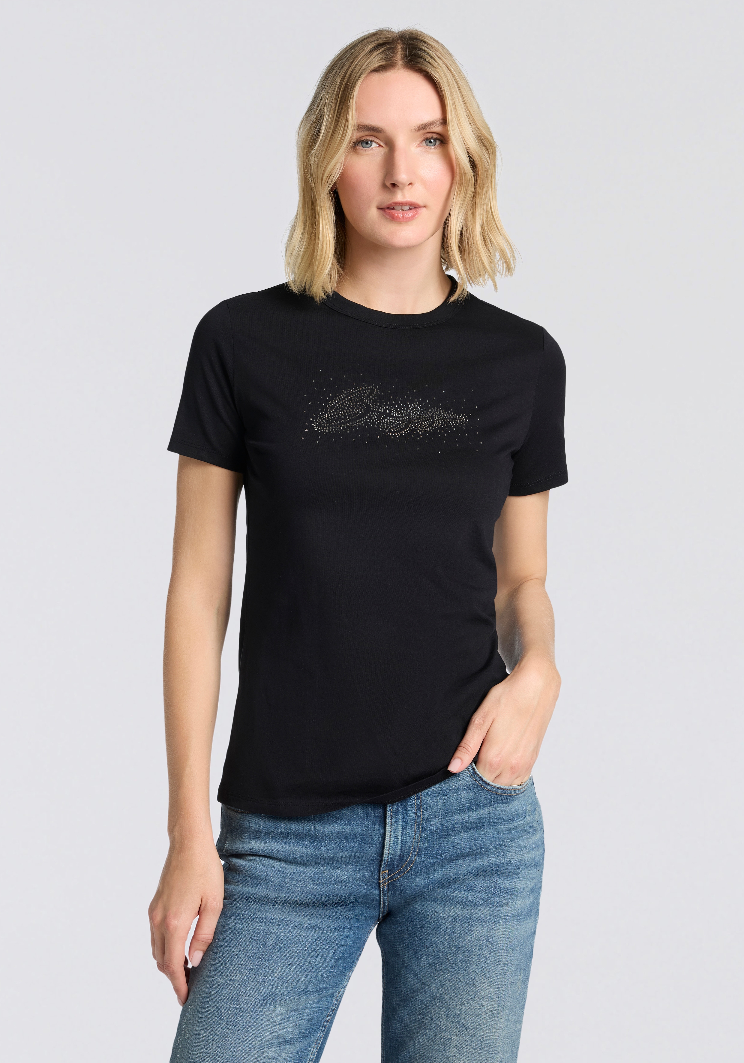 T-Shirt BOSS ORANGE "Elogo Print19 Premium Damenmode", Damen, Gr. M (38), schwarz 001, Single Jersey, Obermaterial: 100% Baumwolle, unifarben, normal, Rundhals, Shirts T-Shirt, mit Rundhals