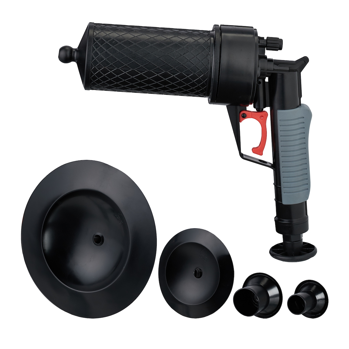 Relaxdays Pressluft Rohrreiniger, 4 Aufsätze für WC, Dusche, Waschbecken, Rohrreinigung chemiefrei, Rohrpistole, schwarz Image