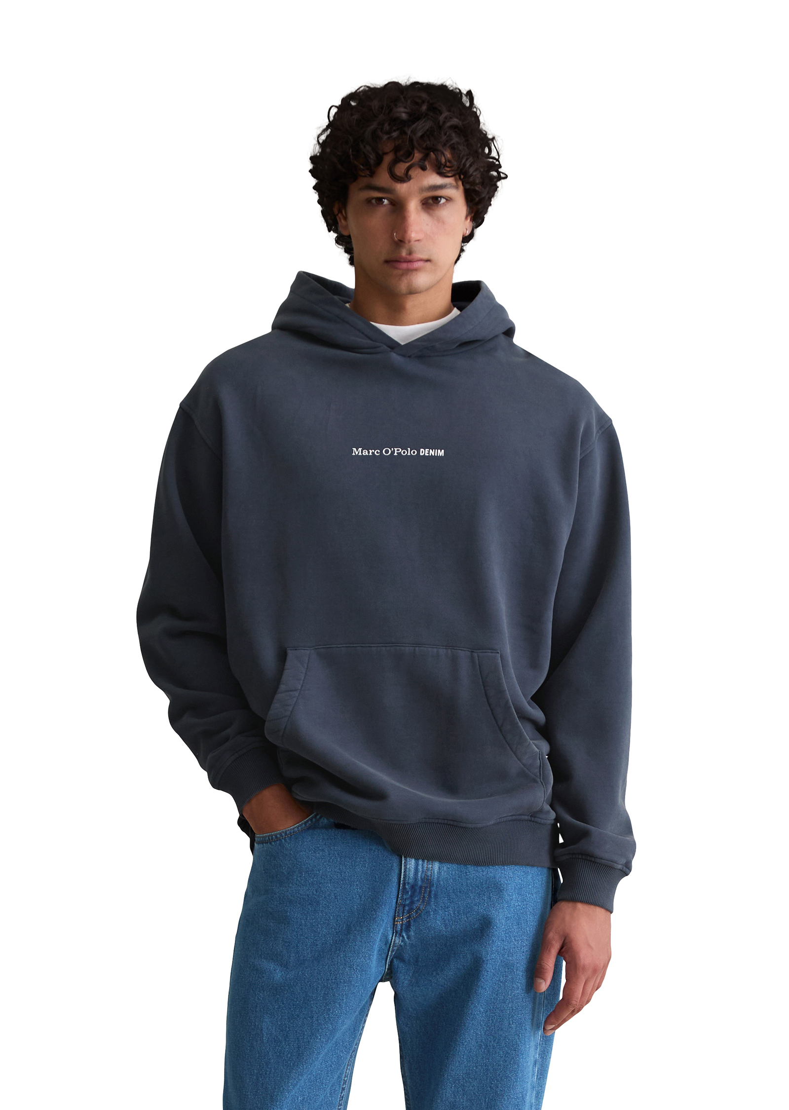 Hoodie MARC O'POLO DENIM, Herren, Gr. S, blau (navy teal), Sweatware, Obermaterial: 100% Baumwolle, unifarben, relaxed fit normal, Rundhals, Bündchen, Sweatshirts, relaxed fit, Kängurutasche, Logoschriftzug Image
