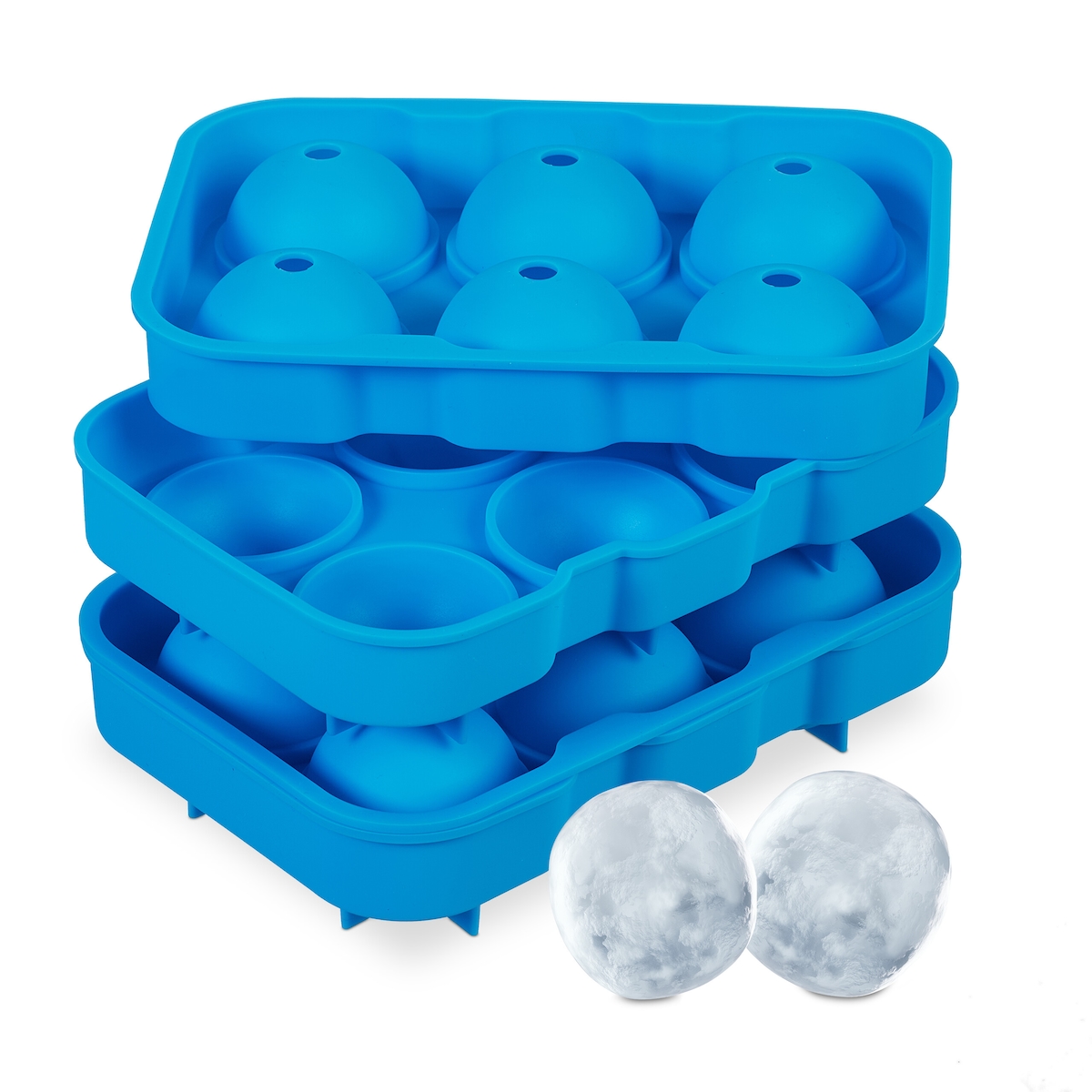 Relaxdays Eiswürfelform, 2er Set, 4,5 cm Kugeln, wiederverwendbar, aus Silikon, 6 einzelne Eiskugeln, Eisgießform, blau Image