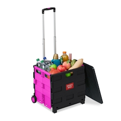 Relaxdays Einkaufstrolley klappbar, bis 35 kg, 50 l Kiste, mit Teleskopgriff, 2 Rollen, Transport Trolley, pink/schwarz Image
