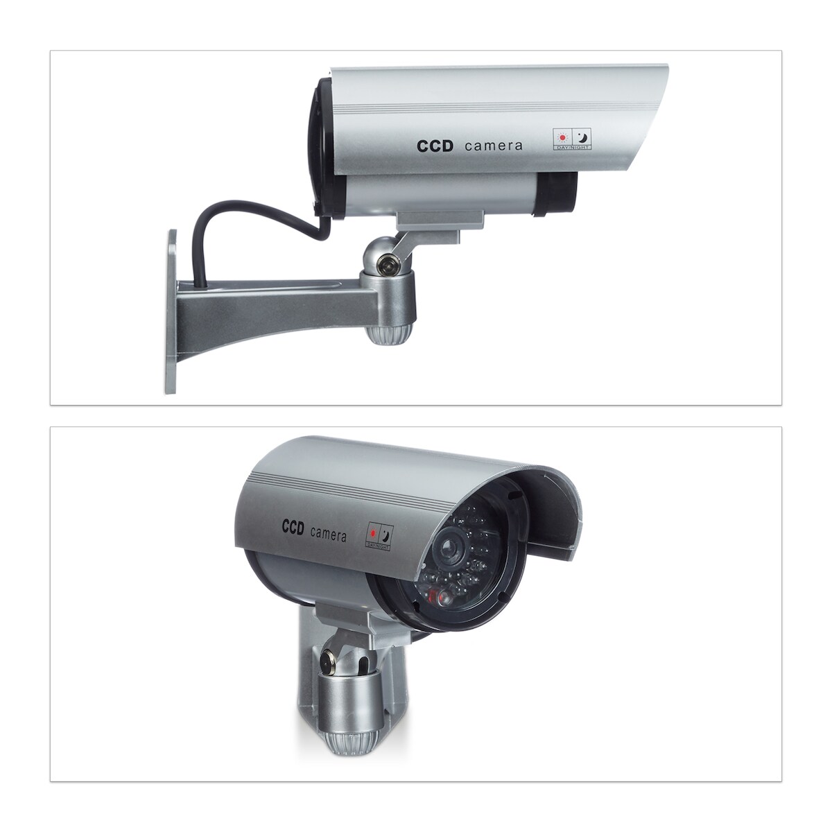 Relaxdays Dummy Kamera mit LED-Licht, Wandhalterung, für Innen- und Außenbereich, Sicherheitskamera, drahtlos, silber Image