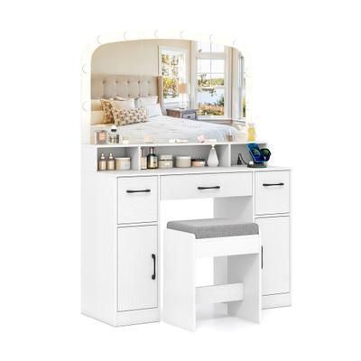 Costway Vanity Desk Makeup Table with Stool 3-Color Lights and Charging Station-White