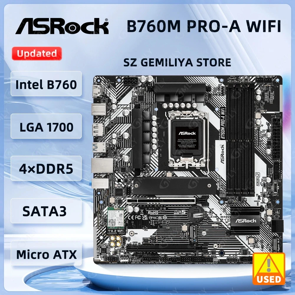 Carte mère ASROCK B760M Pro-A WiFi, carte mère Intel B760, socket LGA 1700, DDR5 256 Go, Hyper M.2, Wi-Fi 6E, compatible avec les processeurs i9-14900 et i5-14500.