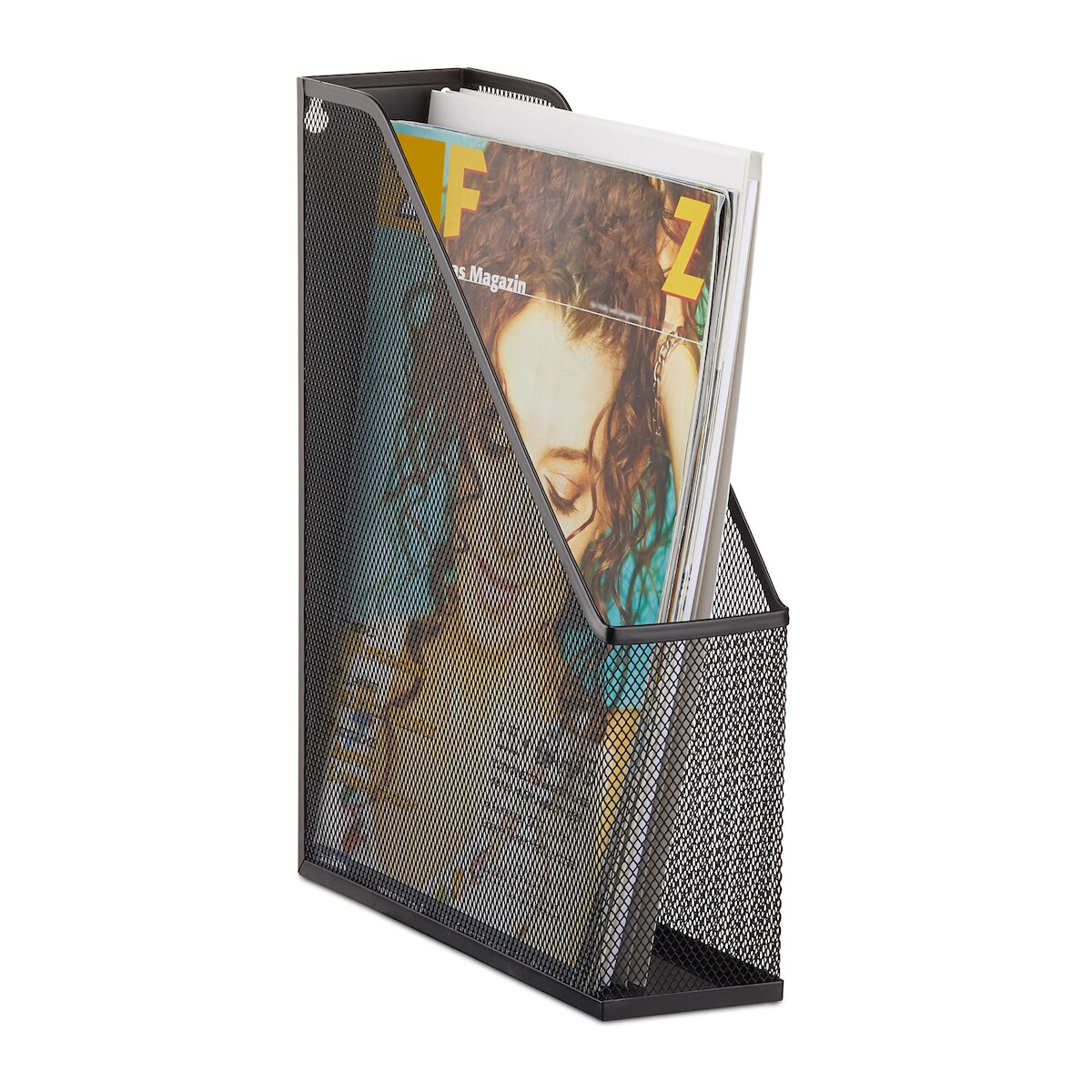 Relaxdays Stehsammler A4 Metallgeflecht, Stehordner, bis C4, Archivbox, Ösen für Wandmontage, Dokumentenablage, schwarz Image