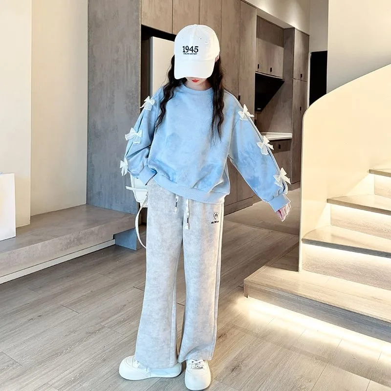 Ensemble haut et pantalon 2 pièces pour fille, sweat-shirt à nœud, deux jupes, vêtements pour élèves du primaire, tenue d
