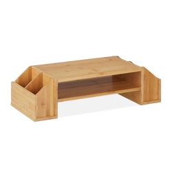 Relaxdays Monitorständer aus Bambus, Ablagen und Fächer, HBT: 16 x 57,5 x 25 cm, Bildschirmständer Schreibtisch, natur Image