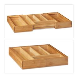 Relaxdays Besteckkasten Bambus, ausziehbarer Besteckeinsatz als Küchenorganizer, Schubladeneinsatz 5x29-48x34 cm, natur Image