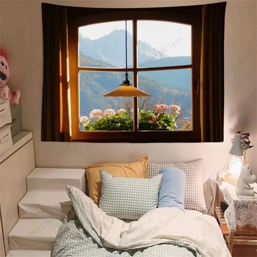 Illusion Fenster Wandteppich Natur Szene Wandkunst für Raumdekoration rustikale ästhetische Wohnzimmer Hintergrund Ins Stil Heimdekoration Image