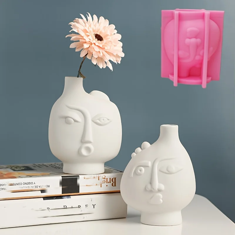 Nordic Abstrakte Gesicht Vase Epoxidharz Silikon Form Minimalistischen Menschlichen Kopf Porträt Vase Beton Zement Gips Silikon Form Image