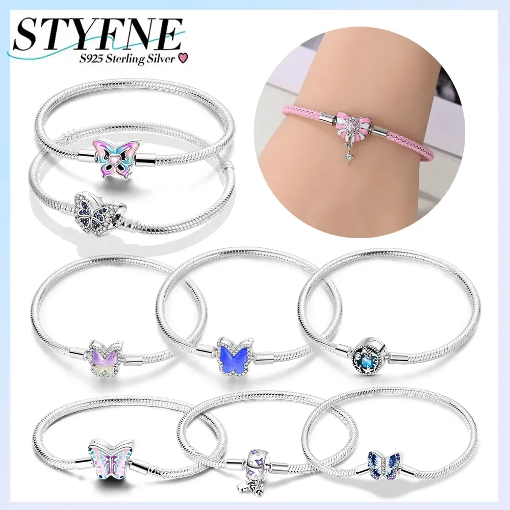 Original-Armband aus 925er Silber, lila Schmetterling, festes Kettenarmband, Herz, bunt, Damenschmuck, luxuriöser Jahrestag, hübsches Geschenk Image