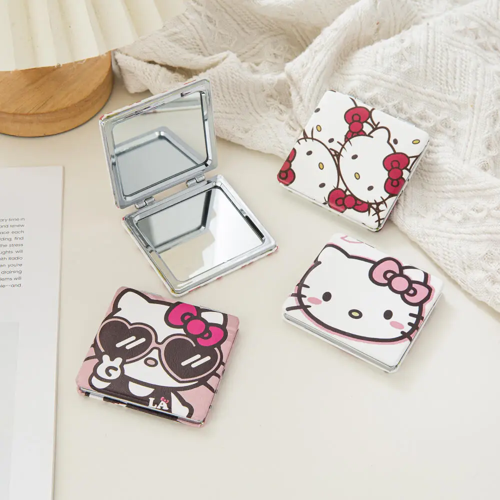 Sanrio Hello Kitty Cartoon Quadratische Spiegel Niedliche Cartoon Kitty Katze Doppelseitiger kleiner Spiegel Handgriff tragbarer Kosmetikspiegel
