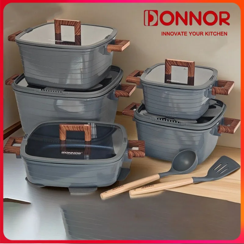 DONNOR 15 pezzi set di pentole per zuppa quadrate antiaderenti manico in bachelite pentola per stufato padella fornello set di pentole universali set di pentole per il latte
