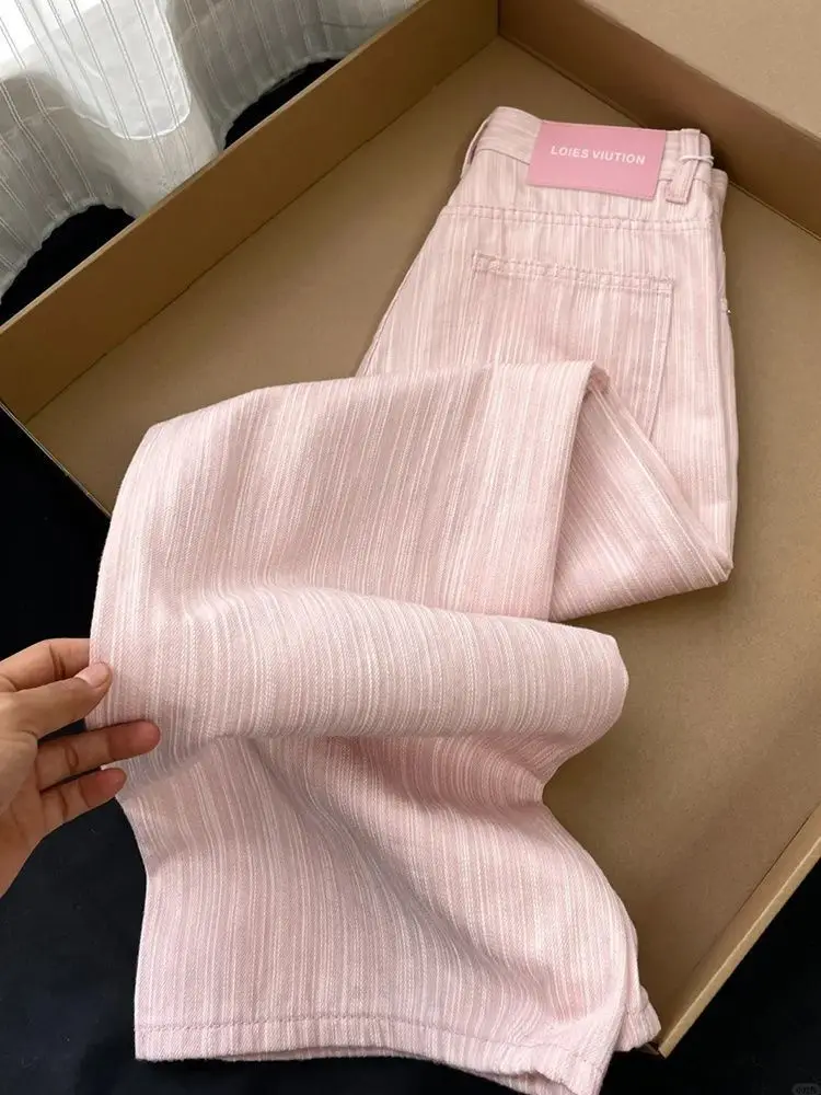 Frauen Hohe Taille Breite Bein Jeans Frühling Sommer Rosa Streifen Lose Gerade Hosen Weibliche Casual Denim Hosen