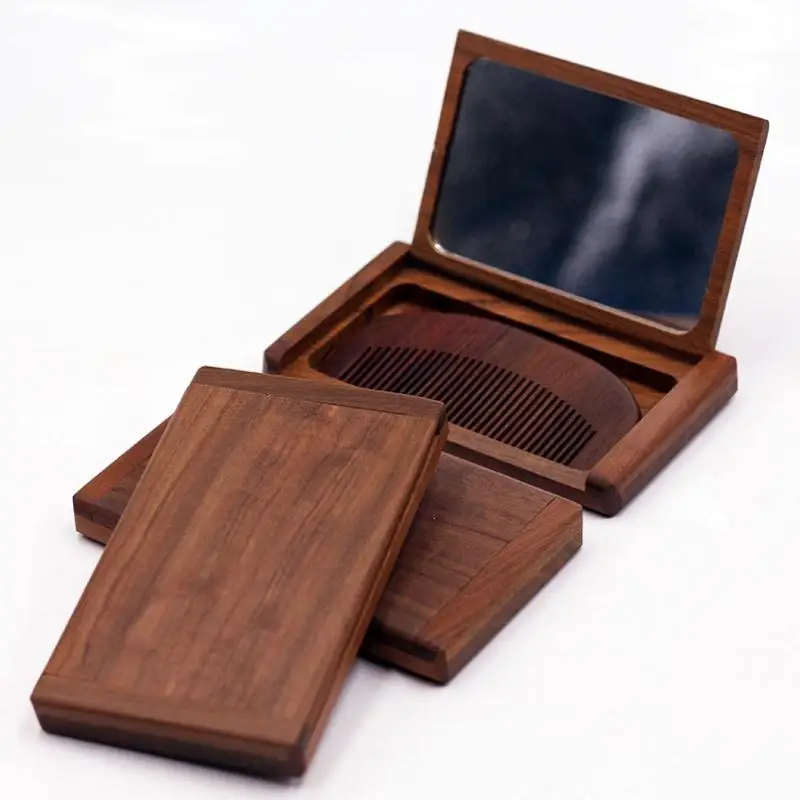1 Stück 2-in-1-Kammspiegel-Set aus Holz, Mini-Vintage-Stil, tragbarer Klappspiegel, handgehaltener Make-up-Spiegel aus rotem Sandelholz für Reisen Image