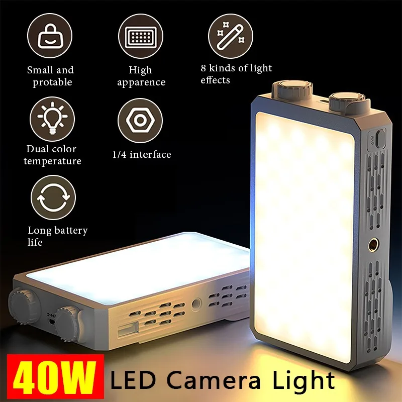 Tragbare LED-Kameraleuchte mit 40-W-Griff, 2800 K ~ 9000 K, zweifarbige 4400 mAh-Videolampe, zweifarbiges Hochleistungs-Taschenfotografielicht Image