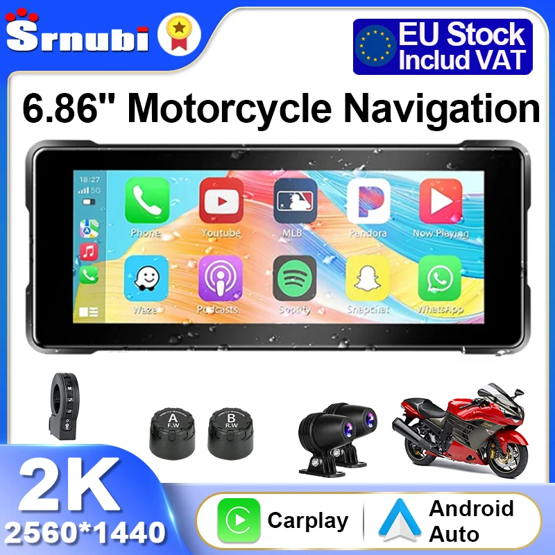 Srnubi 5/6.86 pollici Navigazione per moto DVR Portatile Wireless Carplay/Android Auto 2K Obiettivo IPX7 Monitor Bluetooth impermeabile