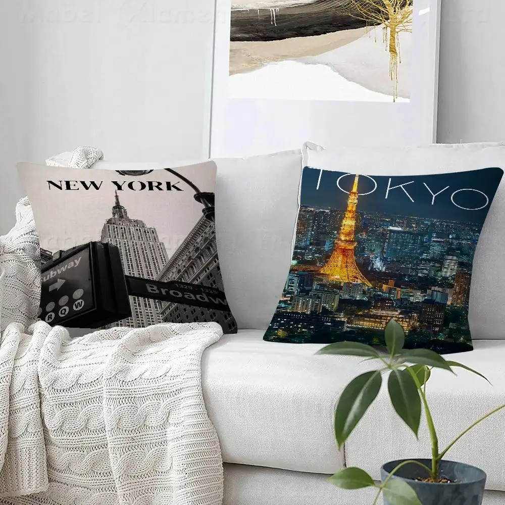 Famous Travel CitiesNew York_LA_Amsterdam_Lisbon_ Kissenbezug, Kissenbezug, Dekor-Kissenbezug, bedruckter Kissenbezug für Couch Image