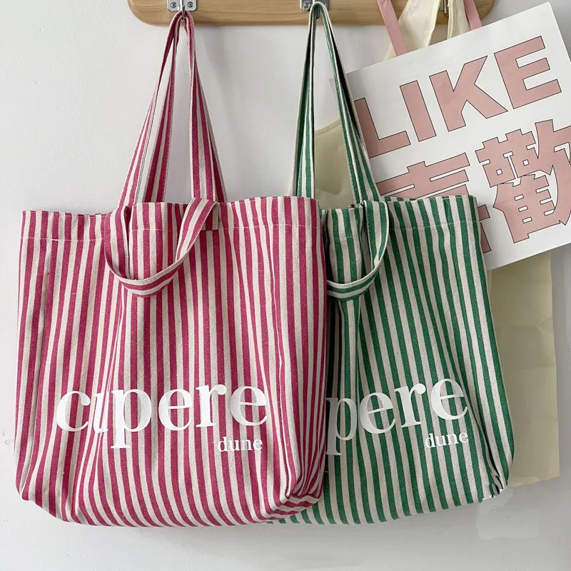 Hylhexyr Mode Einfachen Gestreiften Leinwand Tasche Damen Tragbare Große Kapazität Casual Totes Brief Druck Schulter Messenger Taschen Image