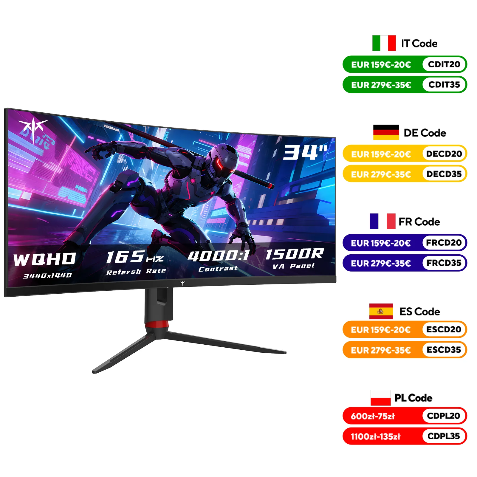 KTC 34-Zoll-Ultrawide-Monitor, 165 Hz WQHD 3440 x 1440 gebogener Gaming-Monitor, 1500R-PC-Monitor, HDR, FreeSync und G-Sync HDMI H34S18S Image