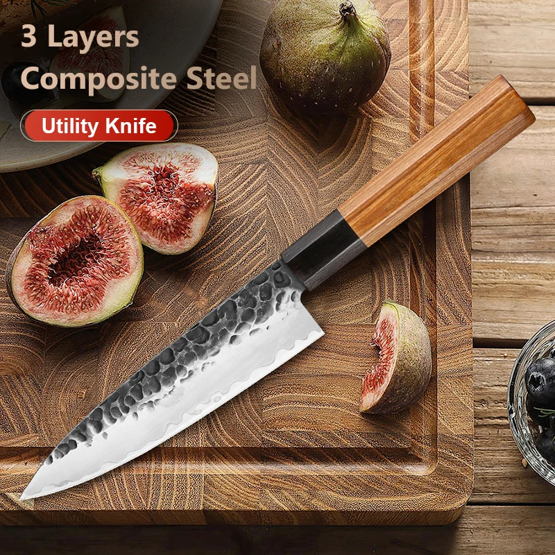 5,5 Zoll japanisches Kleinkesser, 3-lagig, zusammengesetzter Stahl, Kochküche, Allzweckmesser, Kochwerkzeug, Schälmesser, Griff aus Palisander Image