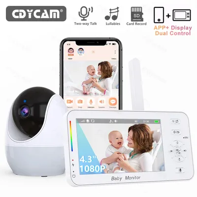 1080P HD WiFi Baby Monitor Phone APP Remote View 4.3" Nanny Night Light VOX HD Night Vision Lullabies Temperature Monitor Camera