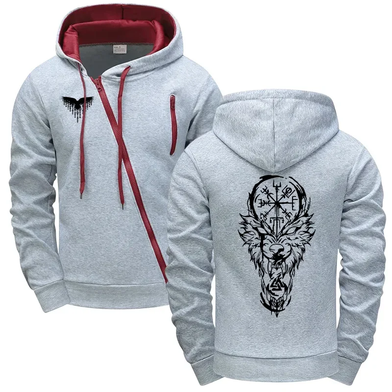 Herbst Winter Lässige Sportswear Motorradjacke Ancient Wolf Streetwear Fashion 2025, trendiger Herren-Hoodie mit diagonalem Reißverschluss Image